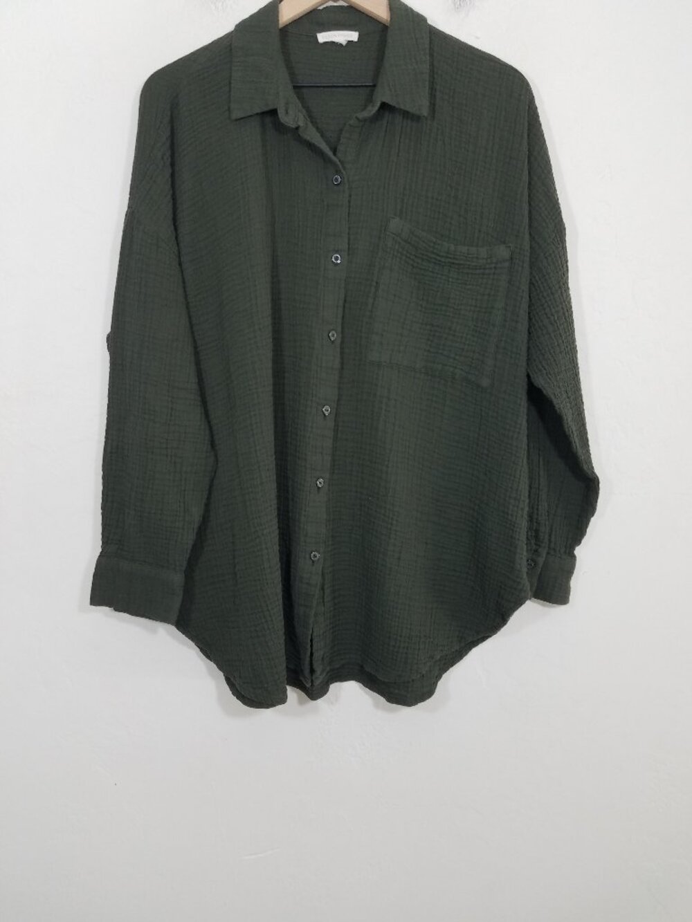 Eileen Fisher Gauze Organic Cotton Classic Collar Long Sleeve Seaweed Shirt